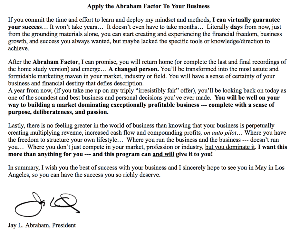 jay abraham third-party letter